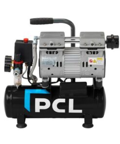 side view of the 9L small air compressor from PCL with black tank and PCL logo on the side of the tank