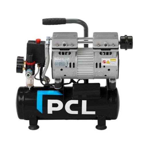 side view of the 9L small air compressor from PCL with black tank and PCL logo on the side of the tank