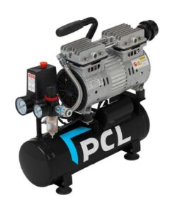 Small air compressor from PCL, 9L black tank with direct drive motor on top and a handle for easy portability.