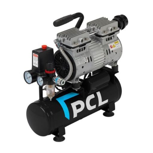 Small air compressor from PCL, 9L black tank with direct drive motor on top and a handle for easy portability.