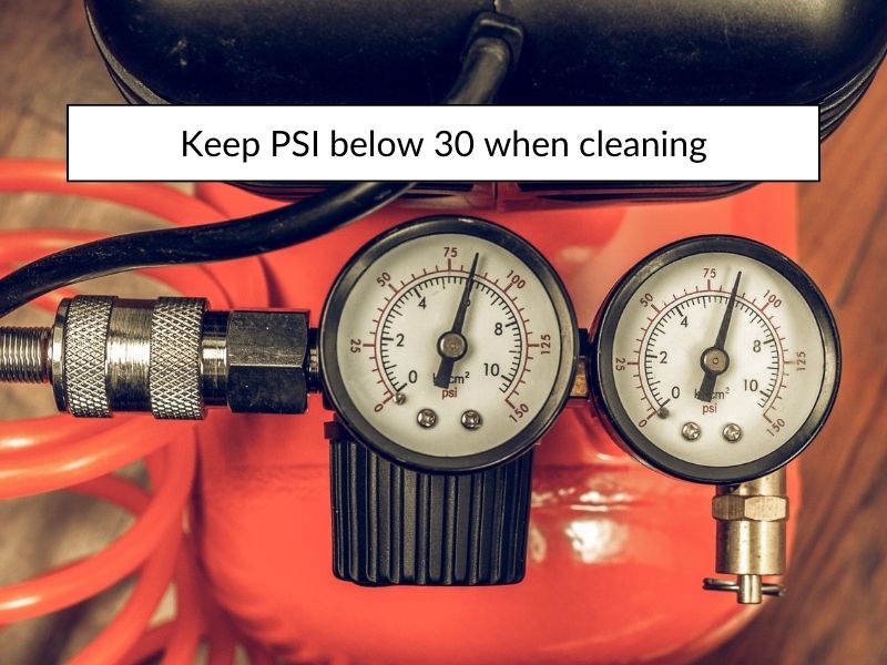 Image shows a close up of the pressure gauges on an air compressor. This is because it's important to stay below 30 psi when cleaning