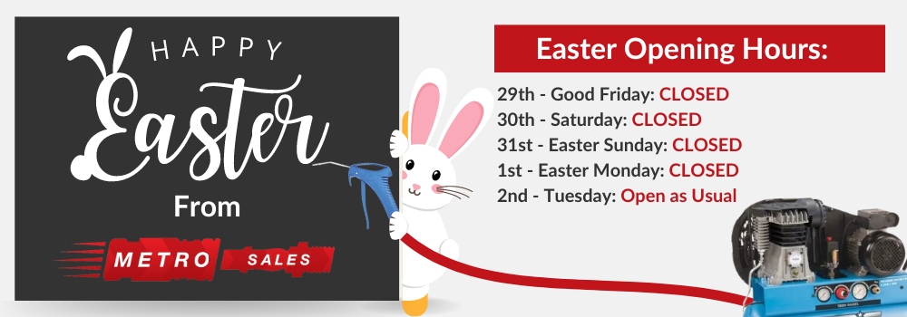 Easter themed opening times graphic showing that Metro Sales is closed on March 29th, 30th, 31st and April 1st 2024