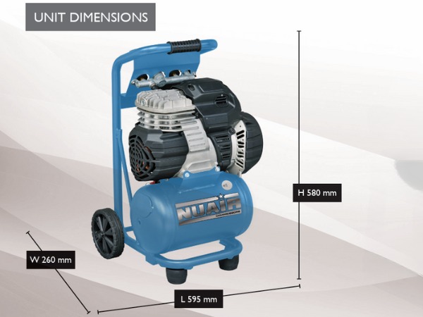 Diagram showing the dimensions of the Nuair 10l silenced air compressor