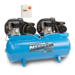 Product shot of the Nuair tandem belt drive compressor with a light blue receiver tank