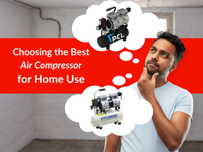 A man wearing a white t-shirt thinking whilst standing in a home garage. There are thought bubbles showing 2 different small air compressors and text that reads 'choosing the best air compressor for home use'