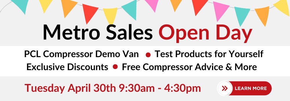 Banner for Metro Sales open Day, which is on April 30th and includes compressor product demos and enables customers to test products for free.