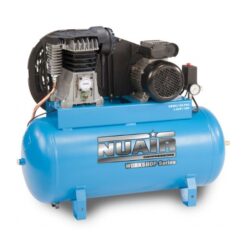 Product shot of the Static 3HP 100L Air Compressor- a belt driven piston compressor with a turquoise tank.