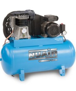 Product shot of the Static 3HP 100L Air Compressor- a belt driven piston compressor with a turquoise tank.