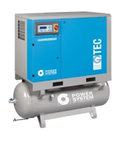 product shot with a white background of the 8 Bar G-TEC Compressor 10Hp which is housed in a turquoise cabinet and sits atop a grey 270 litre receiver tank.