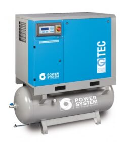 A product shot of the G-Tec 10 bar compressor with a closed blue cabinet which stores the compressor sitting on top of a grey receiver tank