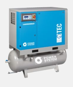 Product shot of the 13 bar G-TEC Air Compressor with it's blue cabinet closed sitting on top of a 270L receiver