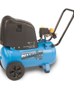 Product image of the blue Nuair 110v compressor with oversized black handle and black casing over the working components.