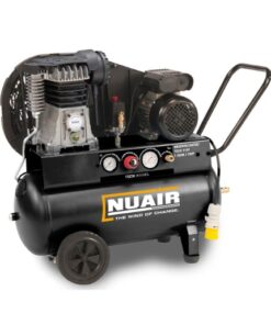 Product shot with a white background showing the Black Nuair 50L 110v air compressor with the Nuair logo in white at the side.