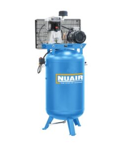 Product shot with a white background of a Nuair Vertical Workshop Compressor which is Turquoise and has the Wite Nuair logo on the side