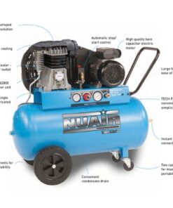labelled features of the 50L 100v compressor from Nuair. Labelled parts include the air cooler and automatic stop/start button.