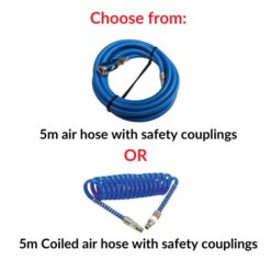 AN image showing that you can choose from a standard 5 metre air hose with safety couplings, or a 5m coiled air hose with safety couplings