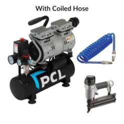 A product shot with a white background showing the 6L compressor, the coiled air hose and the PCL staple gun in option 2 of the compressor bundle