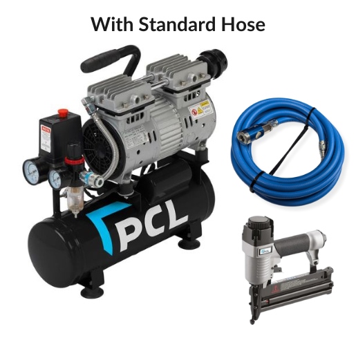 A product shot with a white background showing the 6L compressor, the standard air hose and the PCL staple gun in option 1 of the compressor bundle