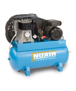 product shot with a white background of the 50 litre stationary workshop compressor from Nuair which has a turquoise tank and black enclosed belt drive.