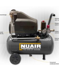 labelled features of Nuair's 50 litre oil-free compressor
