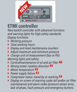 Image listing out the benefits of the ETMI controller which is a benefit of this Fini reciprocating piston compressor.