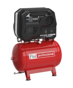 Product image with a plain white background of the Fini Pulsar 5.5Hp piston air compressor which sits atop a red 270 litre receiver tank.