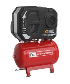 Product image with a plain white background showing the Red Fini Reciprocating piston air compressor with the words 'Fini Professional' on the side in white text. Thecompressor element sits atop the red tank and is of a similar size to the tank.