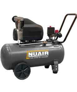 Product shot with a white background of Nuair's dark Grey 50 litre oil-free air compressor which has the Nuair logo on the side in white text.