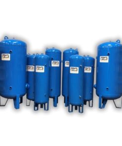 Image has a white background and shows all of Hi-Line's vertical air compressor receiver tanks in all sizes.
