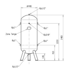 Diagram on a white background showing the dimensions of the 200L receiver tank