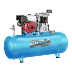 Product shot with a white background of the turquoise Nuair 270L 11Hp Honda petrol air compressor which is static.