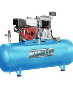 Product shot with a white background of the turquoise Nuair 270L 11Hp Honda petrol air compressor which is static.