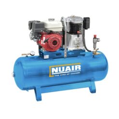 Product image with a white background of a turquoise static Nuair compressor with a 200 litre tank - it is a Honda petrol compressor.