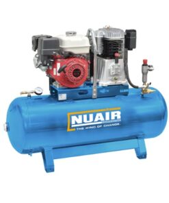 Product image with a white background of a turquoise static Nuair compressor with a 200 litre tank - it is a Honda petrol compressor.