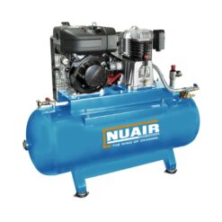 White plain background with the turquoise Nuair 500 litre diesel air compressor which has the white Nuair logo on the side of the tank and is on four static feet.