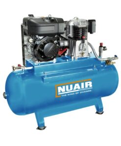 White plain background with the turquoise Nuair 500 litre diesel air compressor which has the white Nuair logo on the side of the tank and is on four static feet.