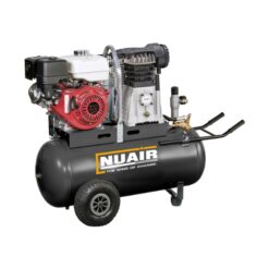 Product photo with a white background of the Black Nuair 150L Honda Petrol Air Compressor with wheels at the back for portability and a black handle at the front.