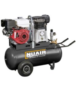 Product photo with a white background of the Black Nuair 150L Honda Petrol Air Compressor with wheels at the back for portability and a black handle at the front.