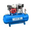 Product shot with a white background of the blue Nuair 200L Electric start petrol compressor which is a static model.