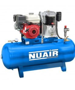 Product shot with a white background of the blue Nuair 200L Electric start petrol compressor which is a static model.