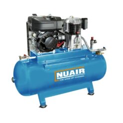 Product shot with a white background of the blue static 270L petrol compressor from Nuair with the white Nuair logo on the side.