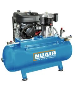 Product shot with a white background of the blue static 270L petrol compressor from Nuair with the white Nuair logo on the side.