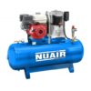 Image with a white background of the Blue Nuair 270 litre petrol driven air compressor which is a static model and has the white Nuair logo on the side of the tank.