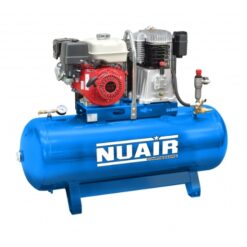 Image with a white background of the Blue Nuair 270 litre petrol driven air compressor which is a static model and has the white Nuair logo on the side of the tank.