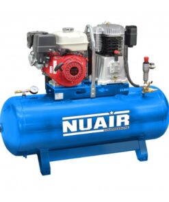 Image with a white background of the Blue Nuair 270 litre petrol driven air compressor which is a static model and has the white Nuair logo on the side of the tank.