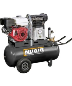 Black Nuair 9Hp petrol compressor from Nuair with black wheels and a black handle at the front for easy portability.