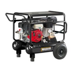 Product photo with a white background of the Nuair Portable Tandem Petrol Compressor with a cubed frame enclosing the compressor which as a handle and wheels to make it easily portable.