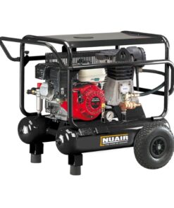 Product photo with a white background of the Nuair Portable Tandem Petrol Compressor with a cubed frame enclosing the compressor which as a handle and wheels to make it easily portable.