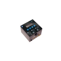 Product shot with a white background of the PCL Qube Bluetooth Enabled Tyre Inflator which is a black cube shape with blue buttons and a digital screen on the front.