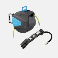 Product shot of the Air Hose Reel and Tyre Inflator Bundle with PCL's dark grey and blue air hose reel with bright yellow hose and the black PCL Airlite tyre inflator.